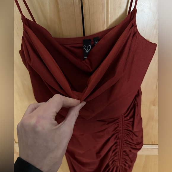 Windsor Burnt Orange Asymmetrical Ruched Side Slit Dress - Picture 3 of 9